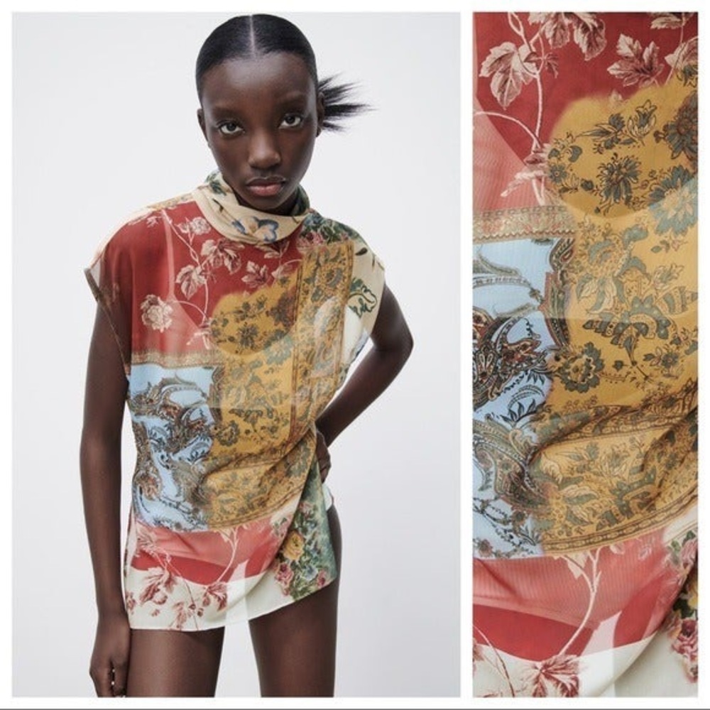 New with tags Zara Semi-Sheer Patchwork Top/Blouse with High Neck.